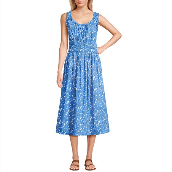 NWOT Lands’ End Sleeveless Poplin Smocked Midi Dress - Picture 1 of 11